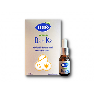 HERO VITAMIN D3 + K2 ( VITAMIN D3 400 IU/ 4 DROPS + VITAMIN K2 5 MCG 4 DROPS ) 10 ML ORAL DROPS